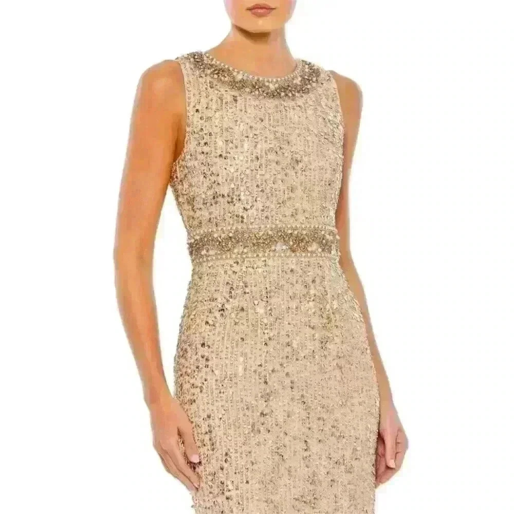New Mac Duggal 10739 Sz 10 Embellished Midi Cocktail Gala Dress Gold  NWT $298